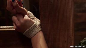 ”Blonde in wooden stock rough fucked”