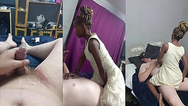 Black girl with braided hair , sucks white cock & rides his cock in yellow dress