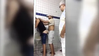 Amateur Threesome in Public Restroom Caught on Webcam