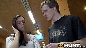 Dark haired cheats on her boyfriend for currency at a bowling place