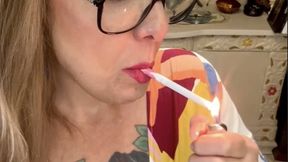 Dunhill - Deep Inhales, Multiple pumps, Nose exhales, Crush - Jeans, Cropped, High heel denim sandals, Pink lipstick, Long hair, Long nails