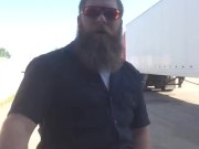 Horny hairy trucker beats meat outside truck