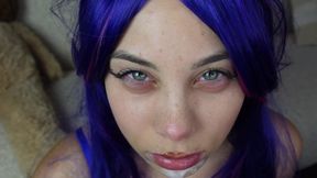 ahegao cosplayer girl milk and plays with her tongue in her mouth then spits out the milk and makes ahegao faces 4k