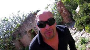 Brunette ass banged through the ruins of an house in the countryside