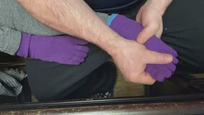 Sexy Asian Feet with long Toes in Purple Socks getting a massage