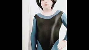 Shemale Ruby in shiny turquoise unitard and shiny black leotard