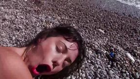 Curvy brunette babe from Germany fucking on a beautiful beach