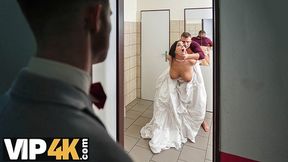 Brunette bride's hairy pussy gets licked and railed in the WC