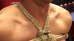 Ropetrainkeep tied up and teased with a cumshot: gay bdsm handjob