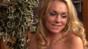 Horny blonde with big boobs, Paige Ashley, wearing some sexy lingerie and thigh-high stockings, gets it on with an elderly man
