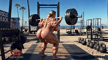 CrossFit on the beach with naked, muscular MILFs – AI-generated