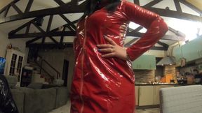 Red Leather Dress and Thigh High Boots Tease. Tight Fit, No Bra and Pure Anticipation