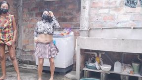 Gossipy neighbors talk dirty in the neighborhood yard  They have small buttocks