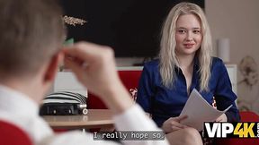 Pale-skinned blonde advances her career by eating her boss' ass
