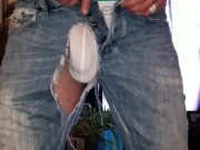 Biggest Bulge Dude In Thong Precumming through Torn Jeans