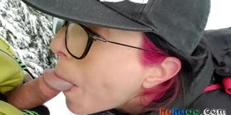 Brunette MILF sucks cock in the mountains