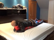 leather man facesits and cums on spiderman dummy