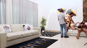 behind the scene from cute young brazilian nicole oliveira fucks 2 big studs with double penetration, squirting ,footjob and swallows their loads