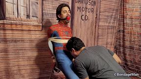 Kallel Spiderman tied up gagged and cumming | behind the Scenes