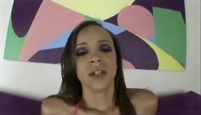 Honey skin brunette gives head and gets screwed on couch