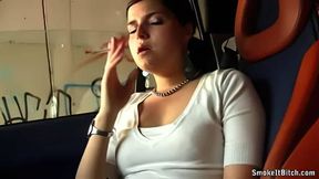 English Slut is smoking under some dirty bridge in her Smart car