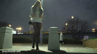 Deep Evening - Russian Jeny Smith walks in public in transparent pantyhose without panties