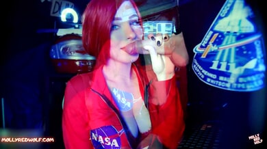 Fiery redhead in NASA jacket performs intense oral with ahegao expression