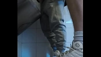 Amateur boys in sneakers wank and try handjob in public toilets&#039_ urinal