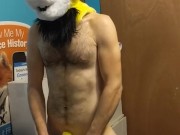 Humping a yellow rabbit toy in a yellow rabbit head lol