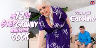 Caroline is a 72 year old big tit granny who catches her stepgrandson jerk off and wants in too