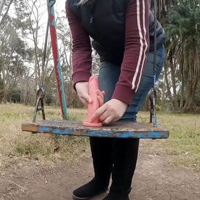 I play on the swing with my big dildo