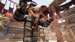 Lara Croft'_s Deep Throat tries out a new technique to awaken a statue in a tomb.
