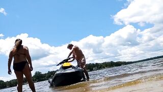 Risky outdoor screwed on the lake while jet skiing -