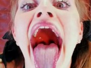 Crazy slutty teen opens mouth, crosses, eyes, and gags on dildo.  AMAZING!!