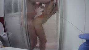 Shower scene number 3, taking my husband cock on throat, pussy and ass.