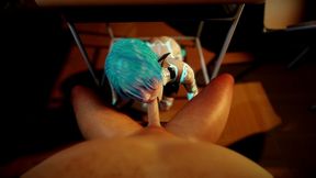 blue sex robot gives blowjob under the table