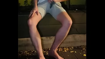 Amateur boy pee on himself in the garden (wets his grey shorts, grey undies and white tshirt)
