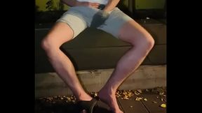 Amateur boy pees himself in the garden (wets his grey shorts, grey undies and white tshirt)