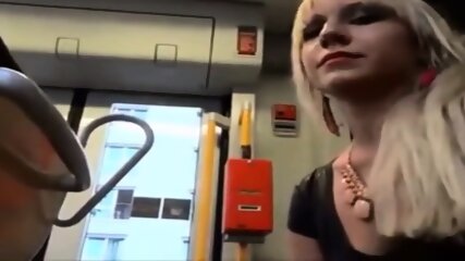 confident girlfriend gives nervous boyfriend blowjob on bus