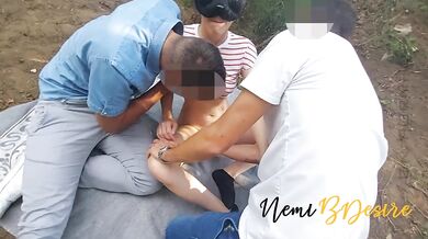Stranger's big cock fucks my wife's slutty mouth for cumshots in the woods