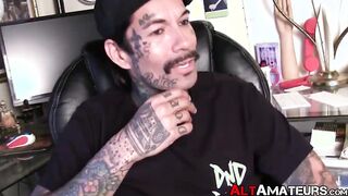 Inked goth dude shows off his firm body and masturbates solo