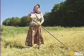 Two Farmers and One Horny Babe Bang Their Fuck Holes on the Field