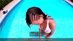 Brunette MILF enjoys big dick in pool with cumshot on tits