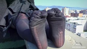 Sky-high Sole Seduction: Teasing Toes From Sheer to Black on the Rooftop