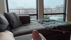 Hot dad strokes massive veiny cock with lube, whining ASMR style on a rainy day