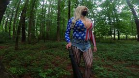4th of July Giant fake tits crossdresser in daisy dukes and american flag body suit jacking off