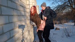 Sexy Russian Redhead winter fucking near abandoned building