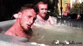 ”Tattooed redhead homo leaves jacuzzi to jack off meat with lover”