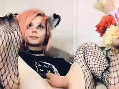 Big tit shemale jerks her long cock