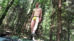 White twink strip outside yellow thong and cum